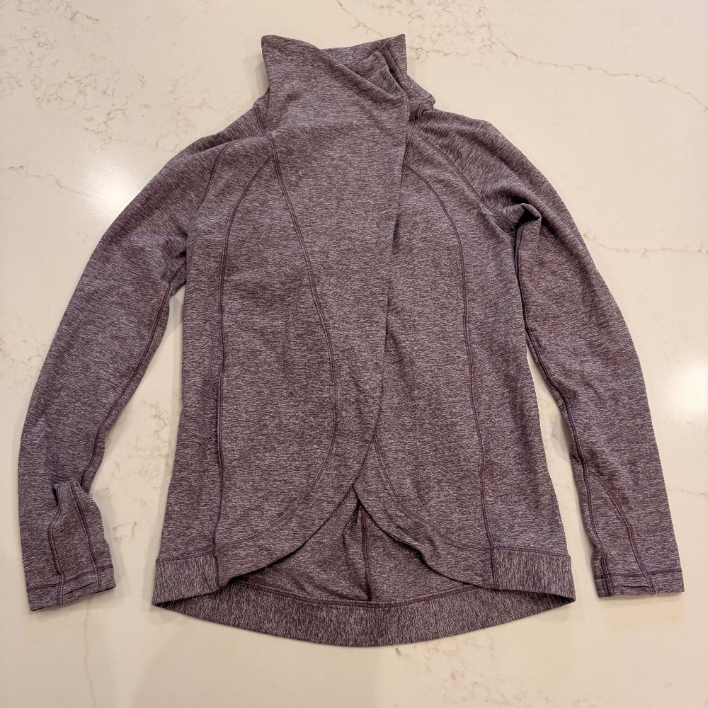 Lululemon Women’s Purple Heather Cowl Neck Wrap Front cardigan Top Thumbholes 4